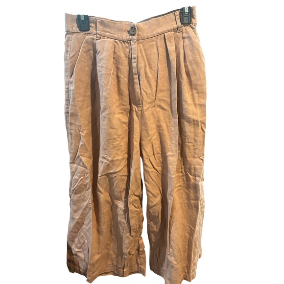Tan Linen Blend Pleated Cropped Wide Leg Pants Casual Womens - Picture 1 of 10